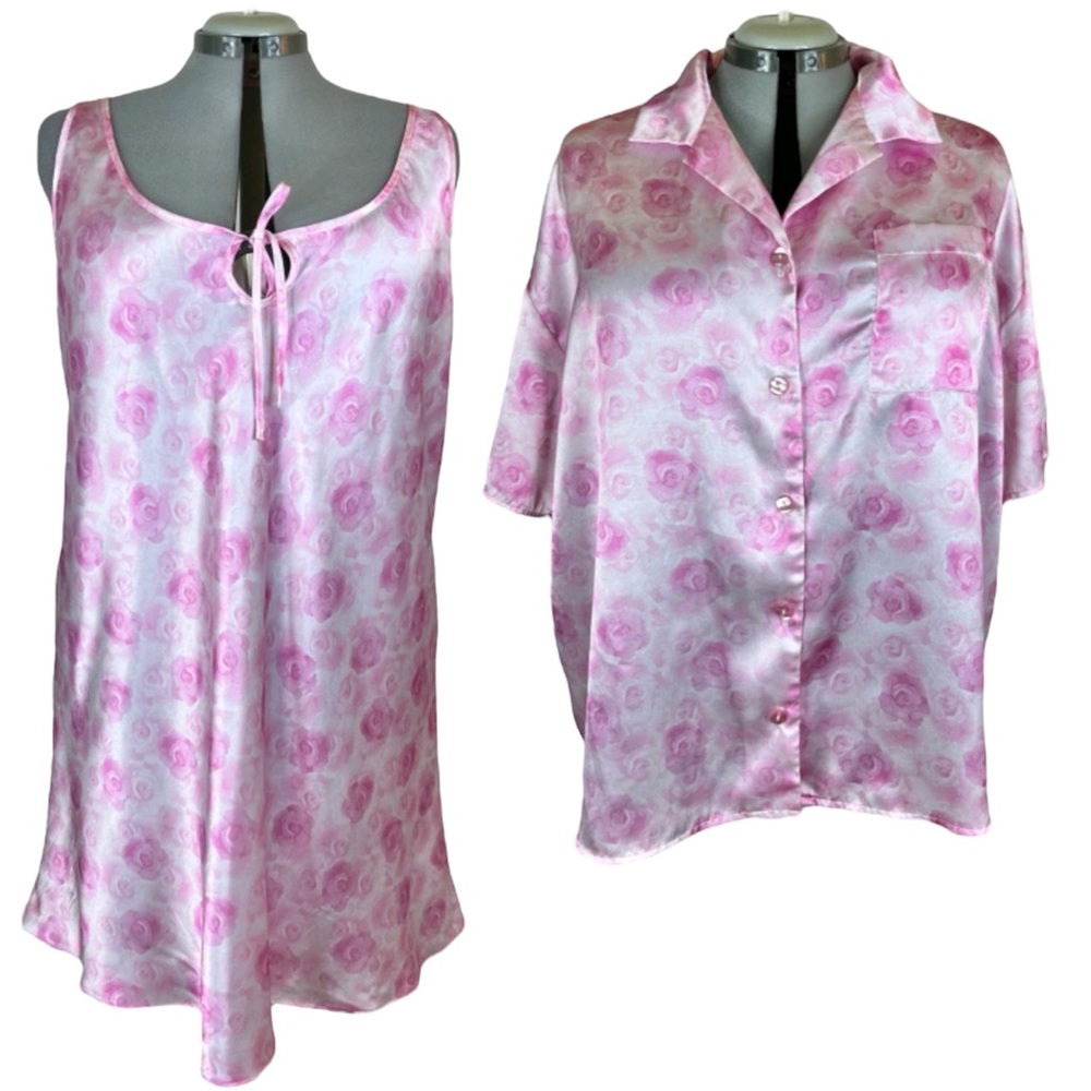 Vintage 90s 80s Roses Set 3X Satin Negligee Chemise Pajamas lounge 2X 3X Plus